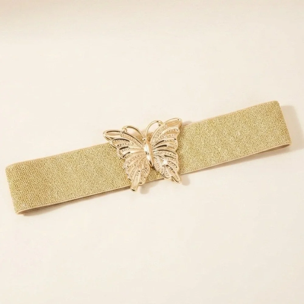 Gold Glitter Elastic Butterfly Buckle Cinch Belt Metallic Wide Waist Band Y2K